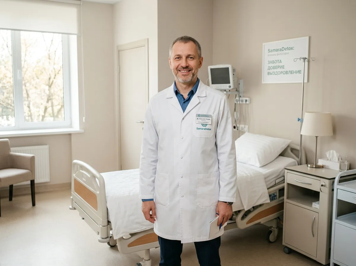 Врач-нарколог частной клиники СамараДетокс в белом халате, стоит в чистой медицинской палате стационара, профессиональный уверенный вид, спокойная атмосфера доверия