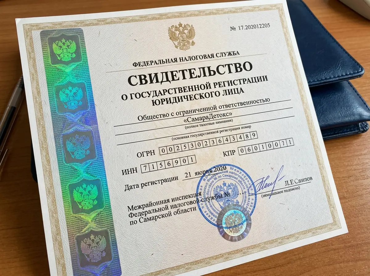 Свидетельство о государственной регистрации юридического лица ООО СамараДетокс, официальный документ налоговой службы с голографическими элементами защиты