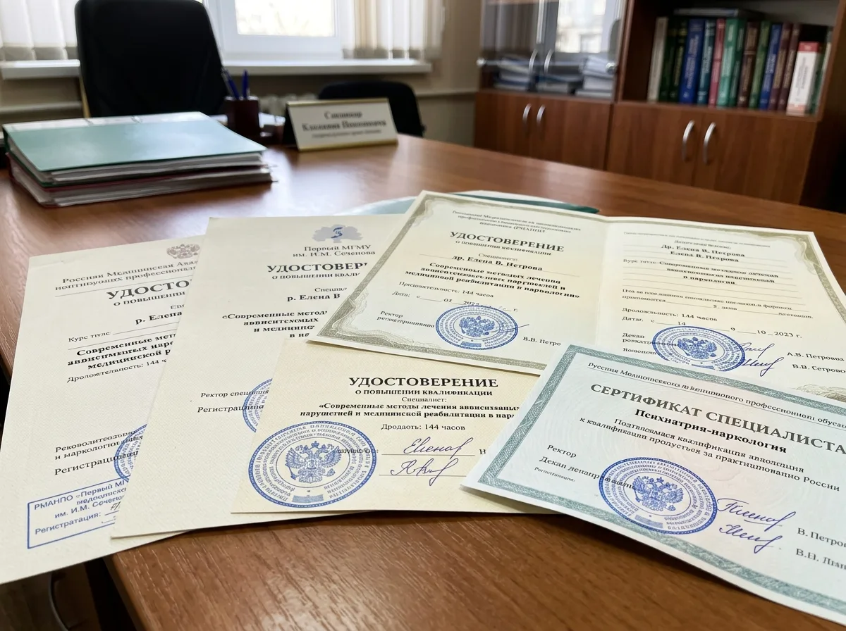 Сертификаты специалистов наркологической клиники, несколько документов с печатями медицинских учреждений о повышении квалификации врачей-наркологов